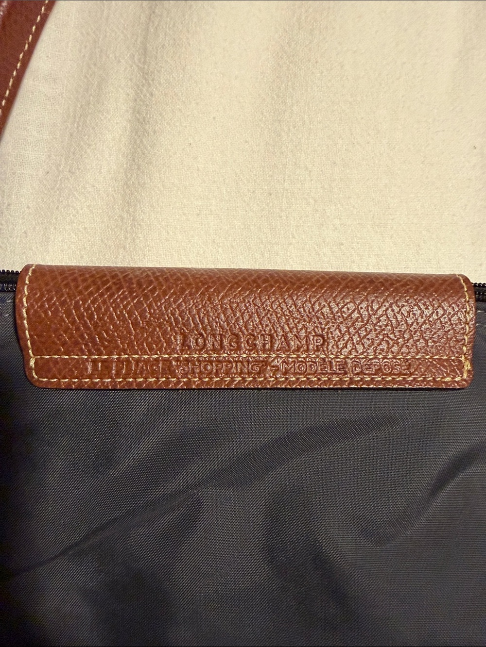 Longchamp Navy Nylon Tote with Brown Leather Trim - Picture 3 of 7